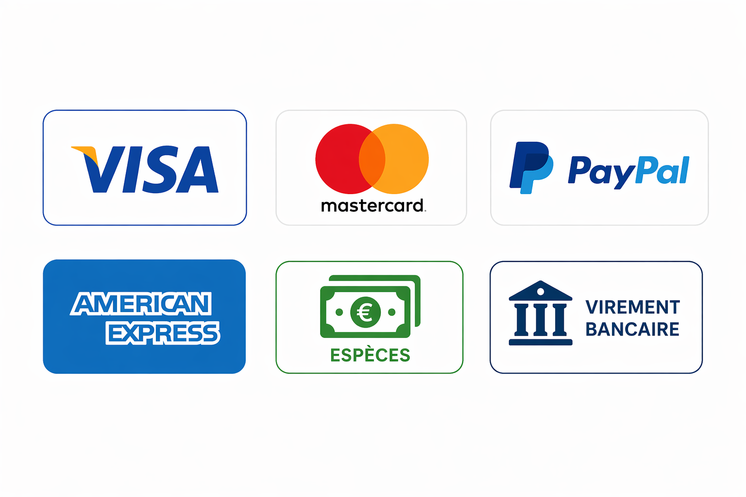 Moyens de paiement : Visa, Mastercard, PayPal, American Express, Espèces, Virement
